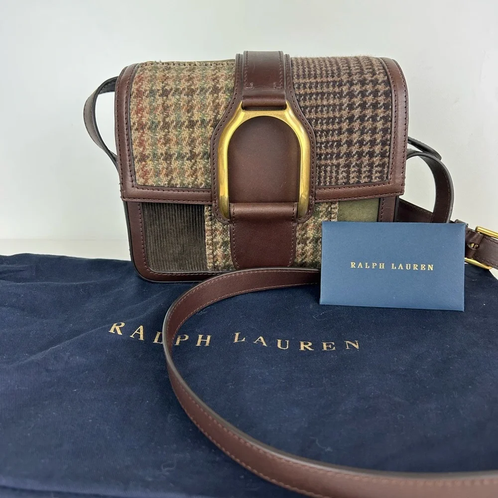 RARE POLO RALPH LAUREN WELLINGTON PATCHWORK TWEED CROSSBODY BAG PURSE BROWN - Picture 2 of 15